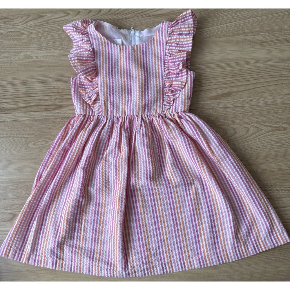 Girls Spring Summer Seersucker Dress Size 4 Pink Coral Stripe